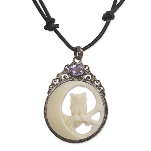 Alternate image for Bone Sterling Silver Amethyst Pendant Necklace Indonesia Nighttime Owl