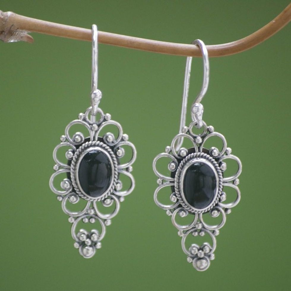 Floral Onyx Sterling Silver Dangle Earrings 'Precious Night'