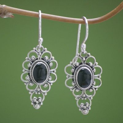 Alternate image for Floral Onyx Sterling Silver Dangle Earrings Precious Night
