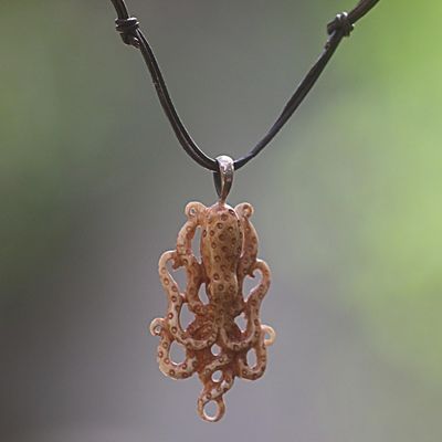 Alternate image for Hand Made Bone Pendant Necklace Octopus from Indonesia Ocean Dweller