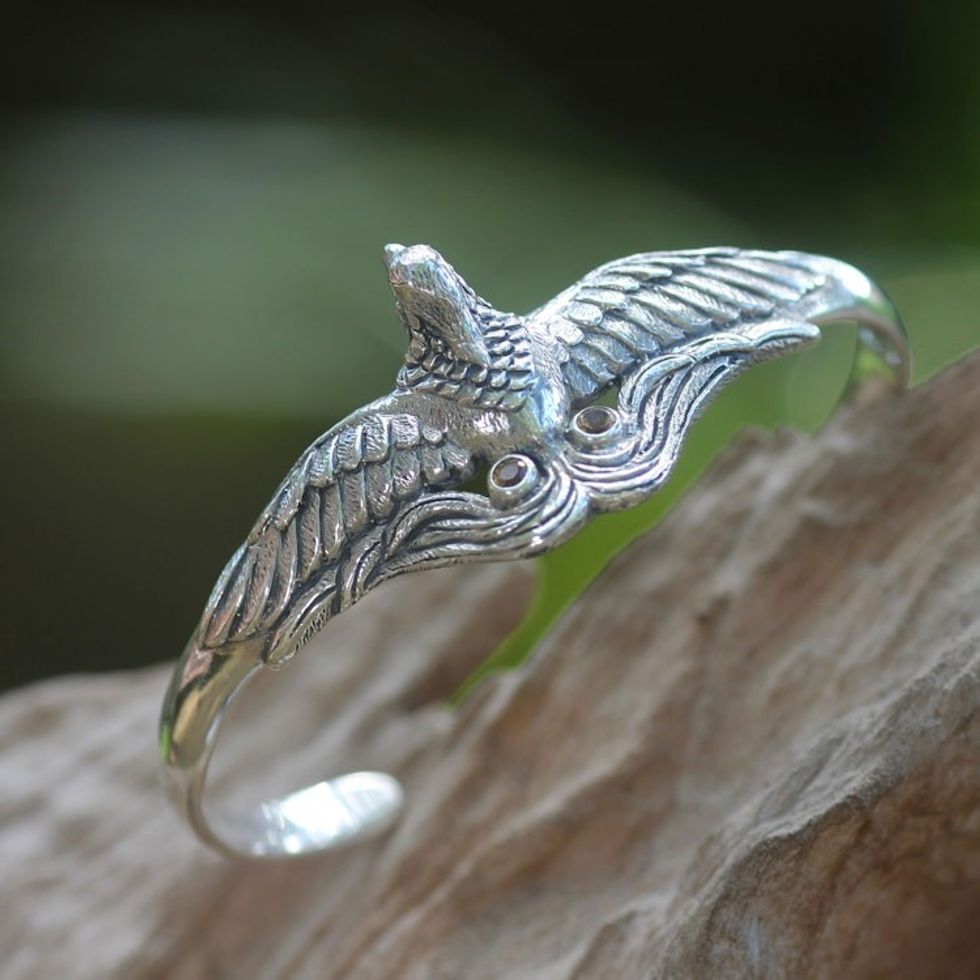 Artisan Crafted Bird Theme Citrine and Silver Cuff Bracelet 'Bird of Paradise'