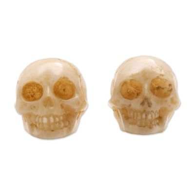 Alternate image for Hand-Carved Skull Bone Stud Earrings from Bali Faces of Trunyan