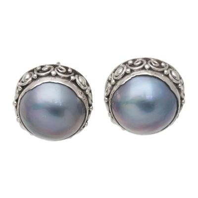 Alternate image for Balinese Sterling Silver Button Earrings with Blue Pearls Blue Pearl Trophy