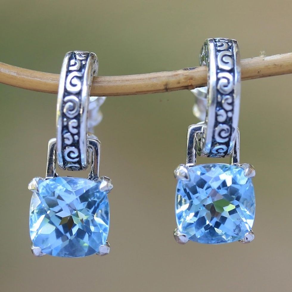 Blue Topaz and Sterling Silver Dangle Earrings from Bali 'Buddha Hoops'