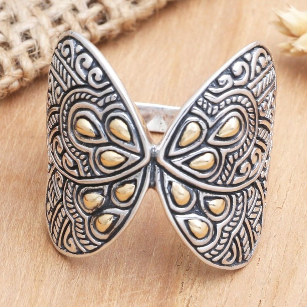 Gold-Accented Cocktail Ring with Butterfly Motif 'Give Me Butterflies'