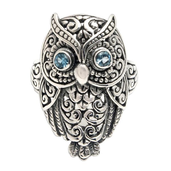Alternate image for Owl-Themed Cocktail Ring with Faceted Blue Topaz Jewels Loyalty Feathers