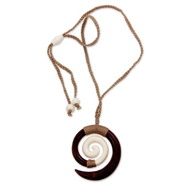 Alternate image for Hand Carved Wood and Bone Macrame Necklace Hypnotic Borneo