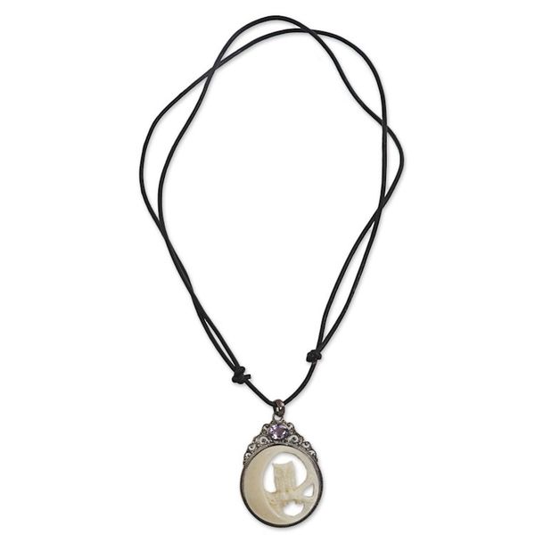 Alternate image for Bone Sterling Silver Amethyst Pendant Necklace Indonesia Nighttime Owl