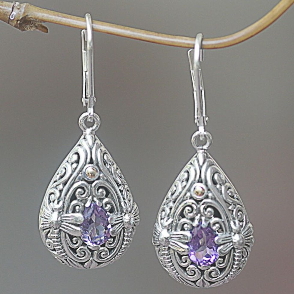 Sterling Silver and Amethyst Dragonfly Dangle Earrings 'Dragonfly Duet'