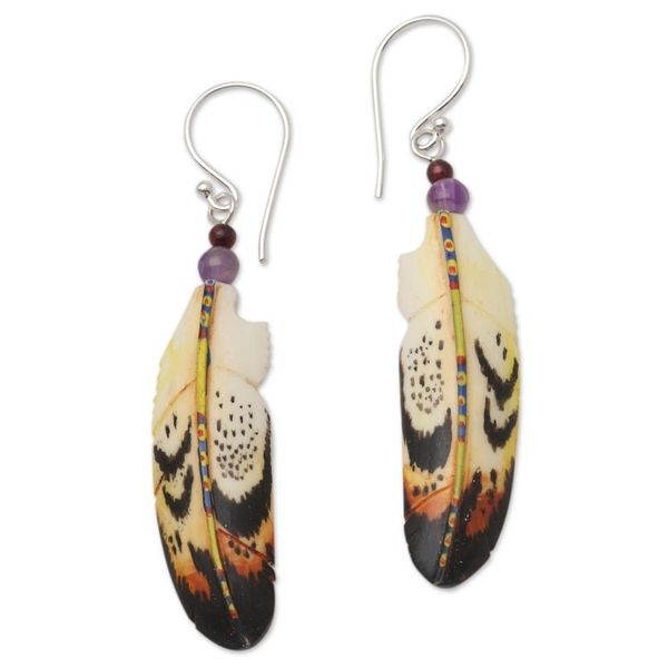 Alternate image for Hand-Carved Feather Dangle Earrings with Amethyst Delightful Feathers