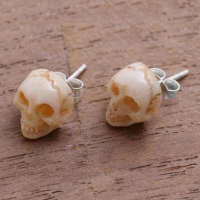 Alternate image for Hand-Carved Skull Bone Stud Earrings from Bali Faces of Trunyan