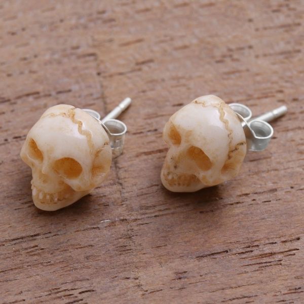 Alternate image for Hand-Carved Skull Bone Stud Earrings from Bali Faces of Trunyan