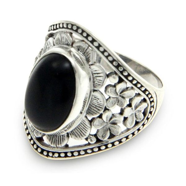 Alternate image for Unique Sterling Silver and Onyx Cocktail Ring Frangipani Mystery