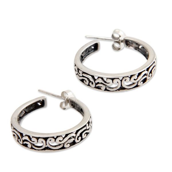 Alternate image for Sterling Silver Half Hoop Earrings Bali Flora