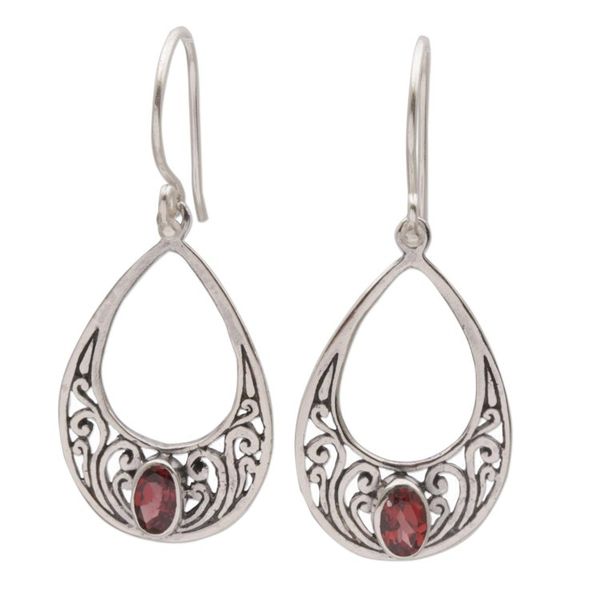 Alternate image for Garnet and 925 Silver Spiral Dangle Earrings from Bali Elegant Tears