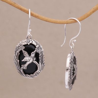 Alternate image for Onyx and 925 Silver Bird-Themed Dangle Earrings from Bali Natures Freedom