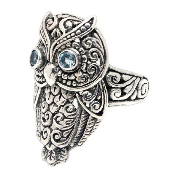 Alternate image for Owl-Themed Cocktail Ring with Faceted Blue Topaz Jewels Loyalty Feathers