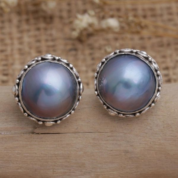 Alternate image for Balinese Sterling Silver Button Earrings with Blue Pearls Blue Pearl Trophy