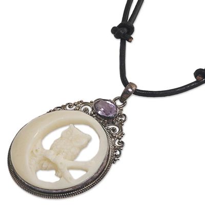 Alternate image for Bone Sterling Silver Amethyst Pendant Necklace Indonesia Nighttime Owl