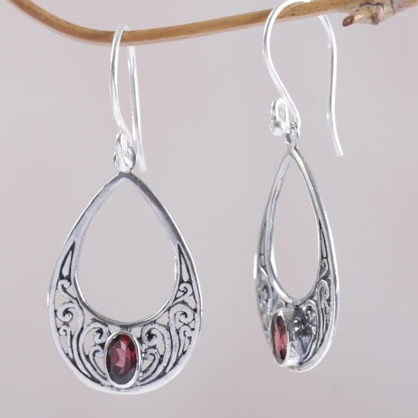 Alternate image for Garnet and 925 Silver Spiral Dangle Earrings from Bali Elegant Tears