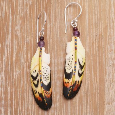 Alternate image for Hand-Carved Feather Dangle Earrings with Amethyst Delightful Feathers