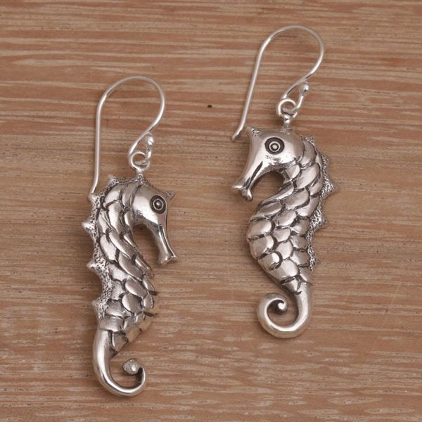 Alternate image for Seahorse Motif Dangle Earrings in Sterling Silver Friendly Seahorse