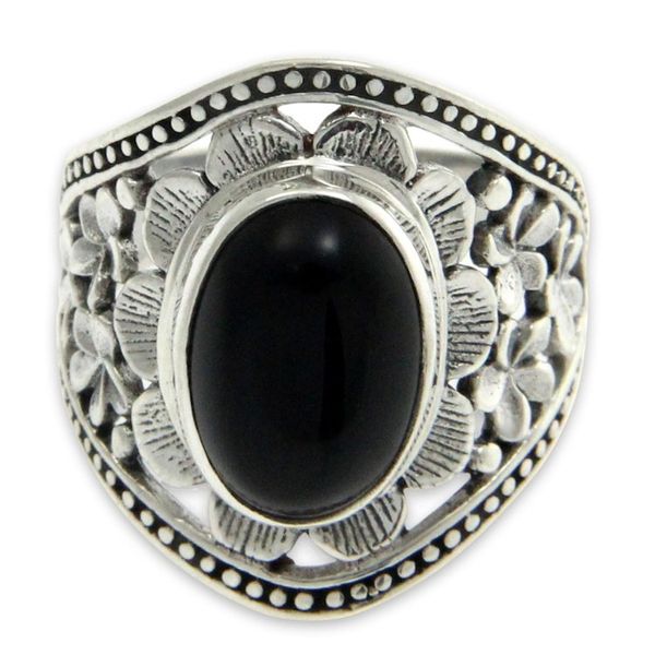 Alternate image for Unique Sterling Silver and Onyx Cocktail Ring Frangipani Mystery