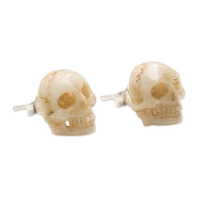 Alternate image for Hand-Carved Skull Bone Stud Earrings from Bali Faces of Trunyan
