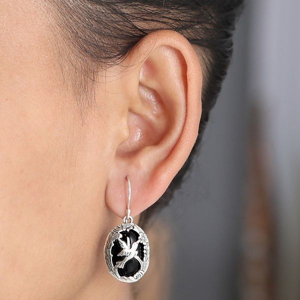 Alternate image for Onyx and 925 Silver Bird-Themed Dangle Earrings from Bali Natures Freedom