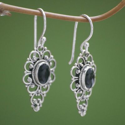 Alternate image for Floral Onyx Sterling Silver Dangle Earrings Precious Night