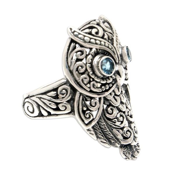 Alternate image for Owl-Themed Cocktail Ring with Faceted Blue Topaz Jewels Loyalty Feathers