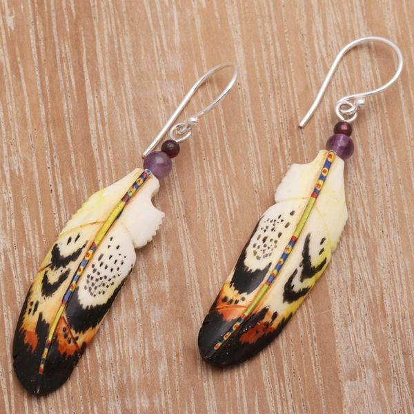Alternate image for Hand-Carved Feather Dangle Earrings with Amethyst Delightful Feathers