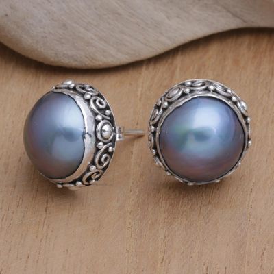 Alternate image for Balinese Sterling Silver Button Earrings with Blue Pearls Blue Pearl Trophy