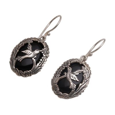 Alternate image for Onyx and 925 Silver Bird-Themed Dangle Earrings from Bali Natures Freedom
