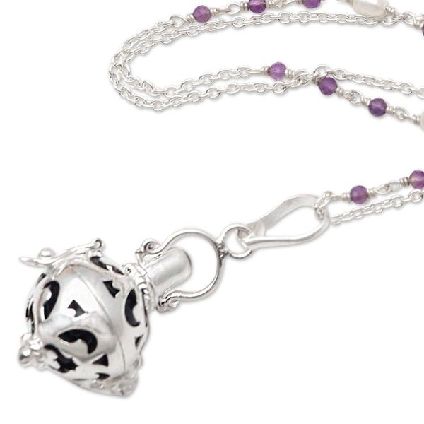 Alternate image for Bali Cultured Pearl Amethyst Silver Harmony Ball Necklace Angelic Sound