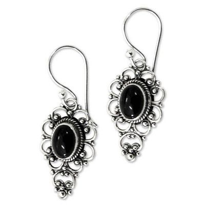 Alternate image for Floral Onyx Sterling Silver Dangle Earrings Precious Night