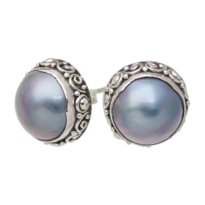 Alternate image for Balinese Sterling Silver Button Earrings with Blue Pearls Blue Pearl Trophy