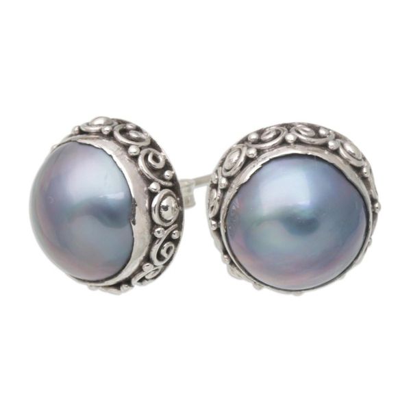 Alternate image for Balinese Sterling Silver Button Earrings with Blue Pearls Blue Pearl Trophy