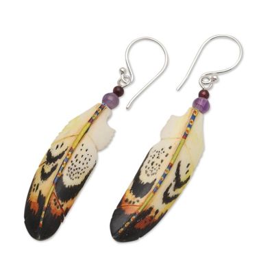 Alternate image for Hand-Carved Feather Dangle Earrings with Amethyst Delightful Feathers