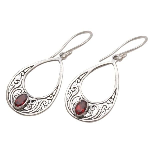 Alternate image for Garnet and 925 Silver Spiral Dangle Earrings from Bali Elegant Tears