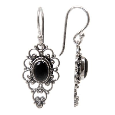 Alternate image for Floral Onyx Sterling Silver Dangle Earrings Precious Night