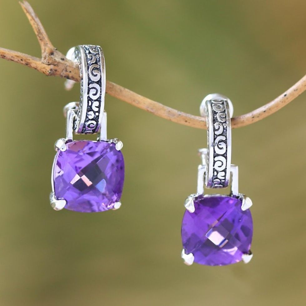 Amethyst and Sterling Silver Dangle Earrings from Bali 'Buddha Hoops'