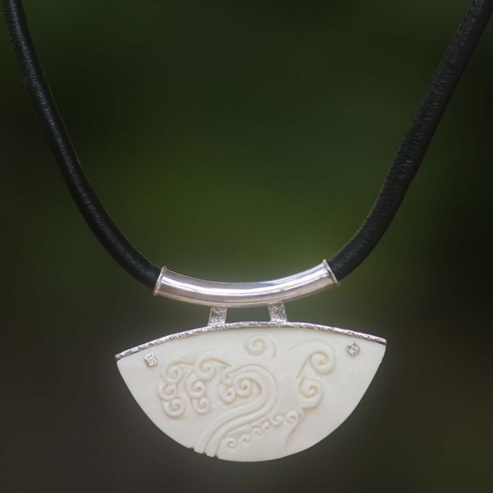 Unique Leather and Cow Bone Necklace 'Ocean Wave'