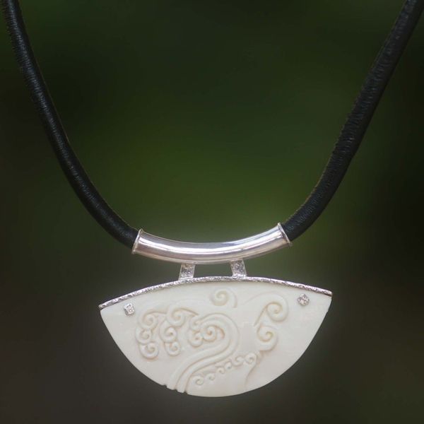 Alternate image for Unique Leather and Cow Bone Necklace Ocean Wave