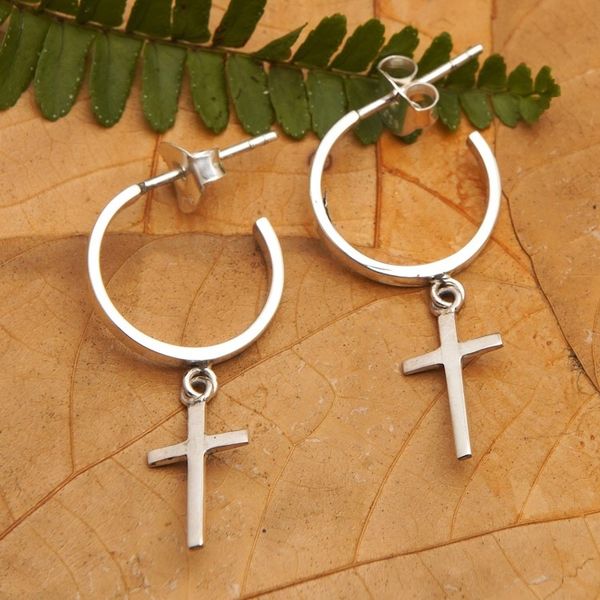 Alternate image for Cross-Themed Modern Sterling Silver Half-Hoop Earrings Balance Cross
