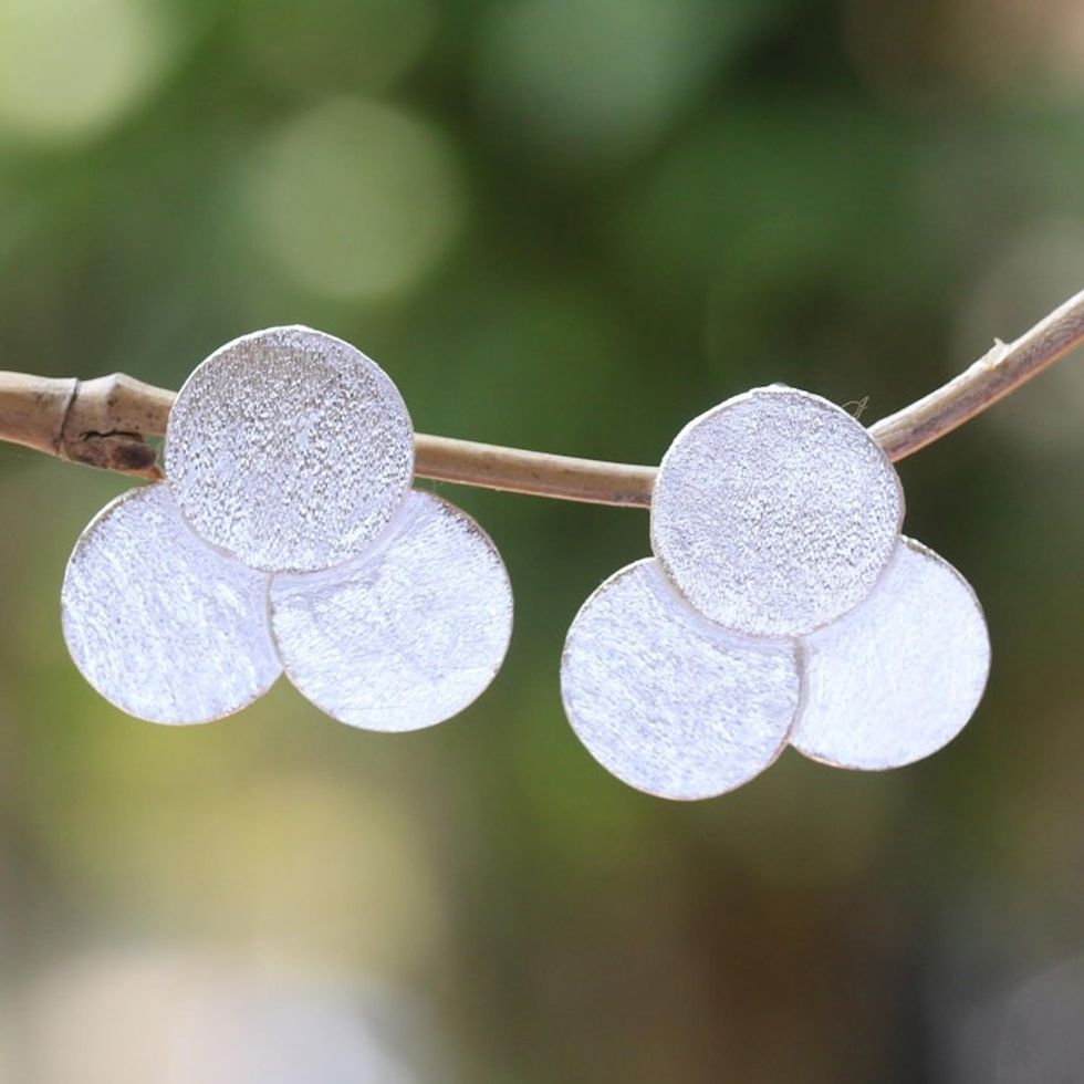 Petite Handcrafted Sterling Silver Button Earrings from Bali 'Textured Trio'