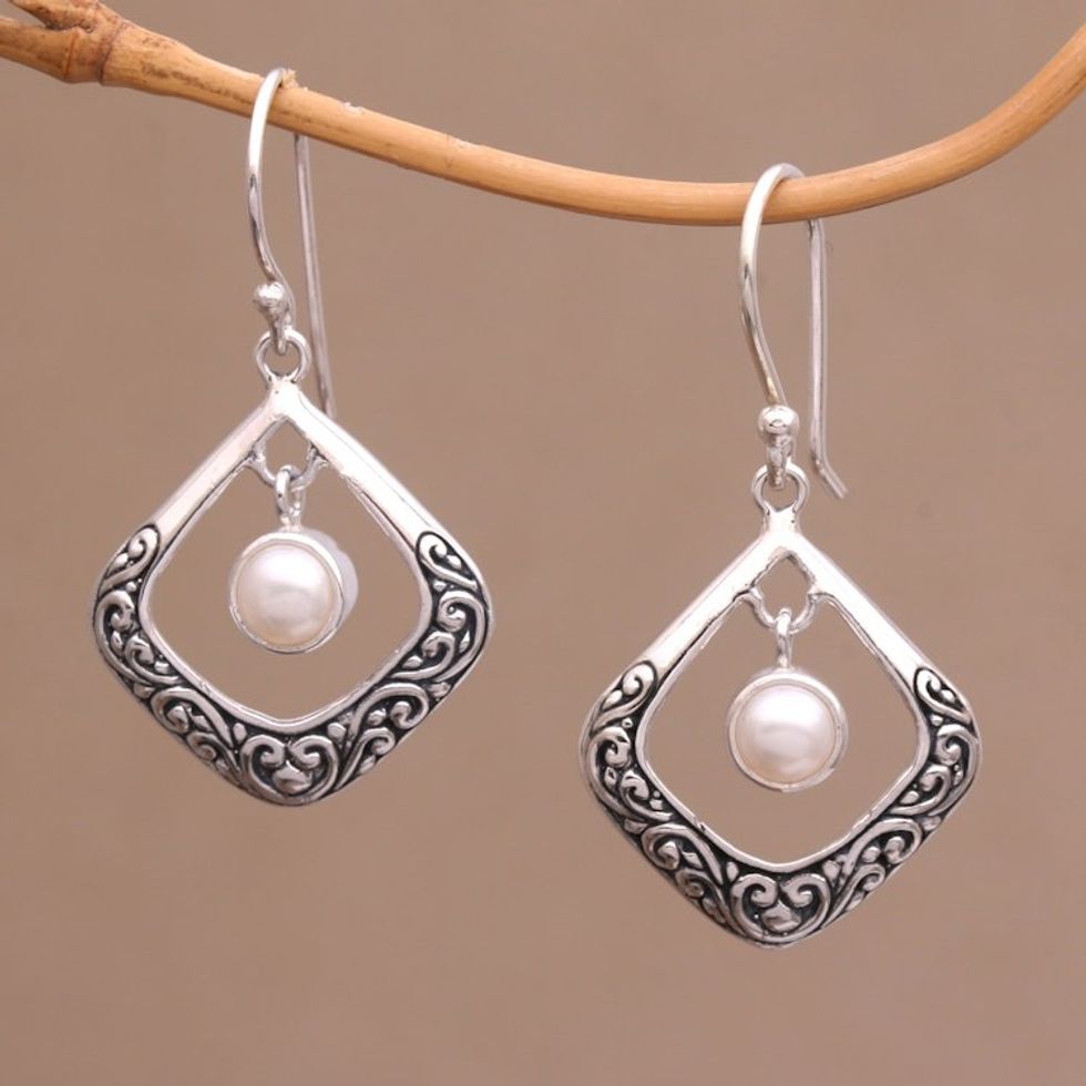 Cultured Pearl Sterling Silver Dangle Earrings from Bali 'Elegant Reverie'
