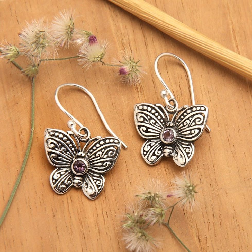 Butterfly-Shaped Amethyst Sterling Silver Dangle Earrings 'Purple Butterfly'