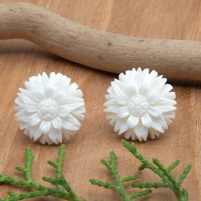 Alternate image for Hand-Carved Floral Button Earrings with Sterling Silver Post Pure Spring