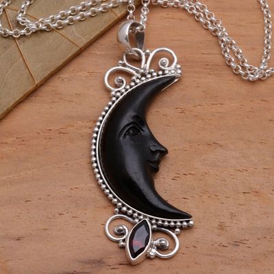 Alternate image for Silver and Garnet Moon Necklace with Water Buffalo Horn Dark Crescent Moon